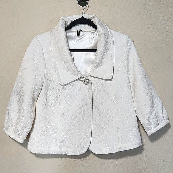 Ambition Vintage Chic Jacquard Ivory Cropped 3/4 Sleeve Blazer Jacket Size M - Picture 13 of 14